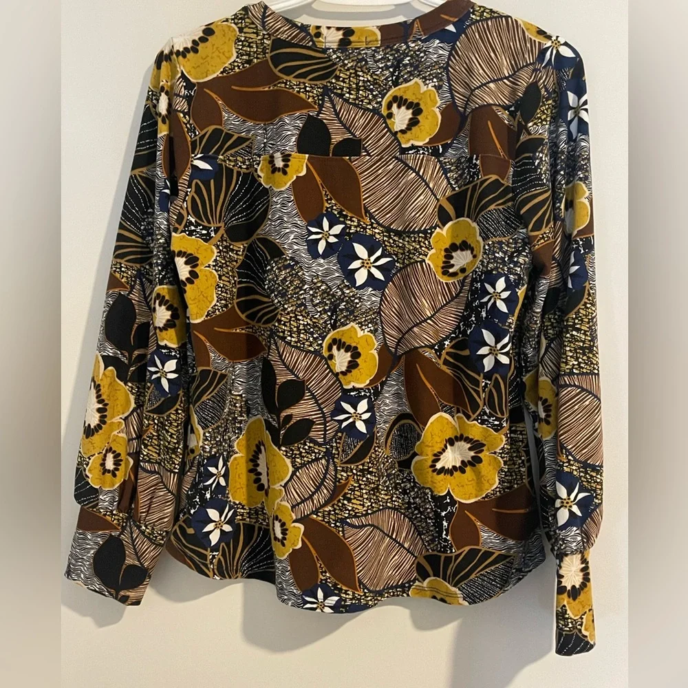 K&C Floral Keyhole Neck Long Sleeve Blouse - Mustard/Navy/Brown - Size Medium - Picture 3 of 8